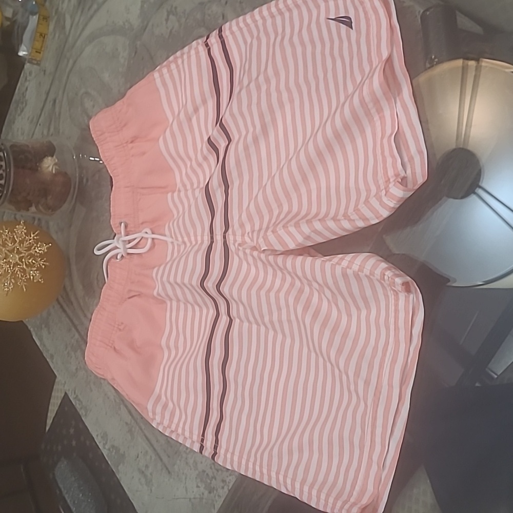 NAUTICA MEN'S PALE PINK STRIPED WHITE SWIMM SHORTS S NEW
